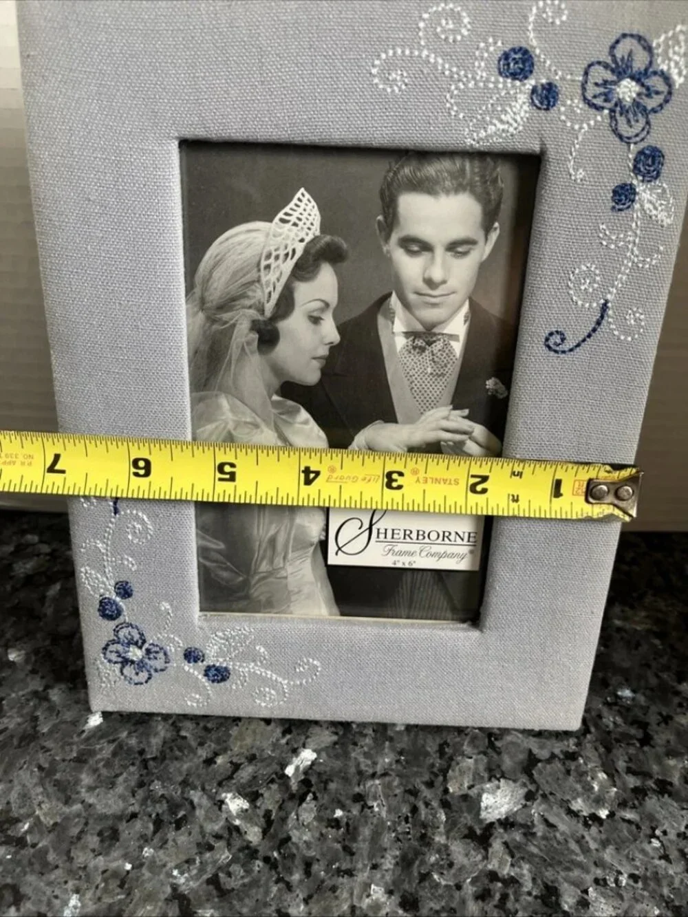 Sherborne Embroidered Floral Picture Frame Blue Gray Fabric 4x6